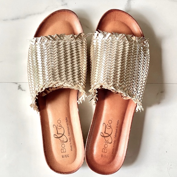 Bos & Co Woven Italian Leather Fringe Sandals 8 US / 39 EU Metallic Gold - Picture 7 of 9